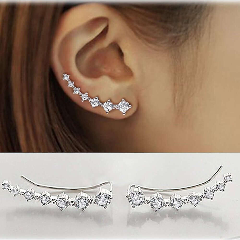 Sterling Silver Climber Earrings for Women 7 Crystals Ear Cuffs Cartilage Hypoal